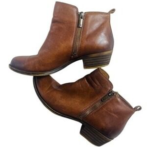 Lucky Brand Ankle Boots Women 8W Basel Brown Leather Dual Zip Block Heel Booties